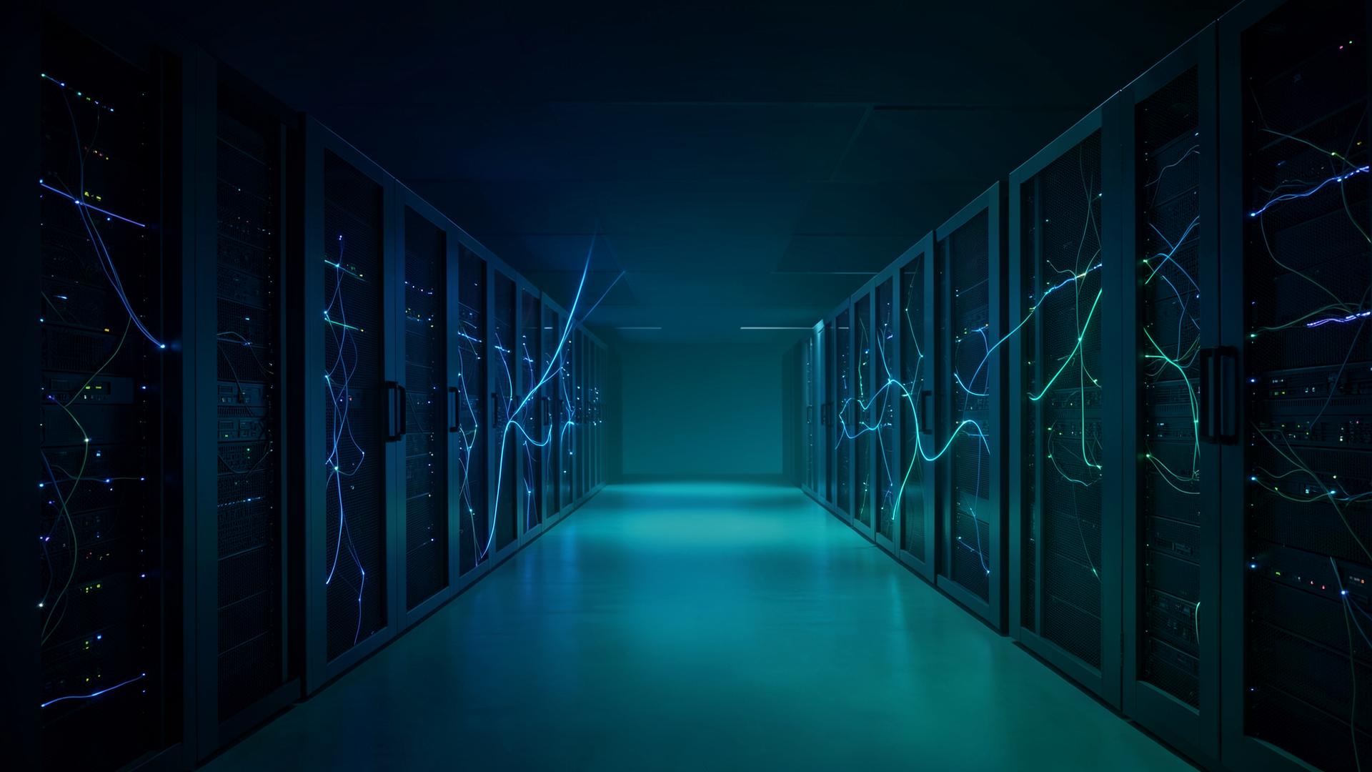 Rechenzentrum mit Serverschränken und Netzwerkverbindungen